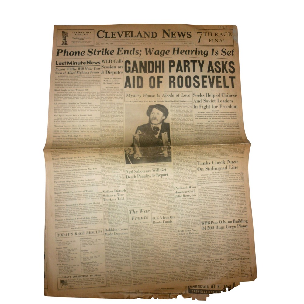 Aug 7 1942 Cleveland News WWII Newspaper Gandhi Roosevelt Collyer Stalingrad